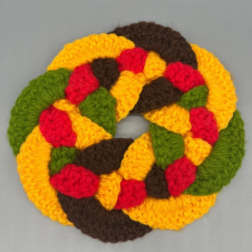Vtg Crochet Hot Pad Trivet Handmade Potholder Decor Round Yellow Green Brown MCM